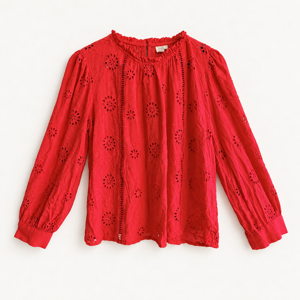 Artelier Nicole Miller Red Floral Eyelet Blouse Ruffle Neck Boho India M